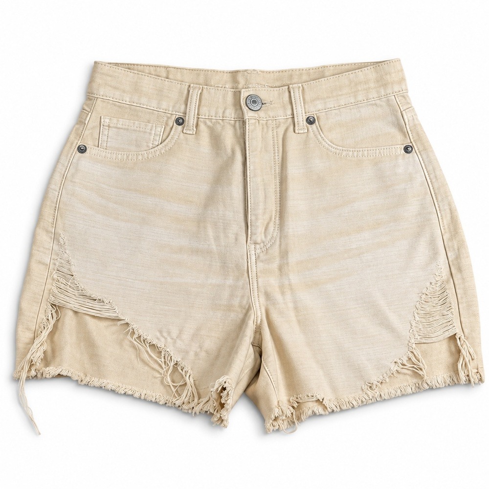 American Eagle Womens High Waisted Distressed Denim Shorts Tan Khaki Frayed Hem